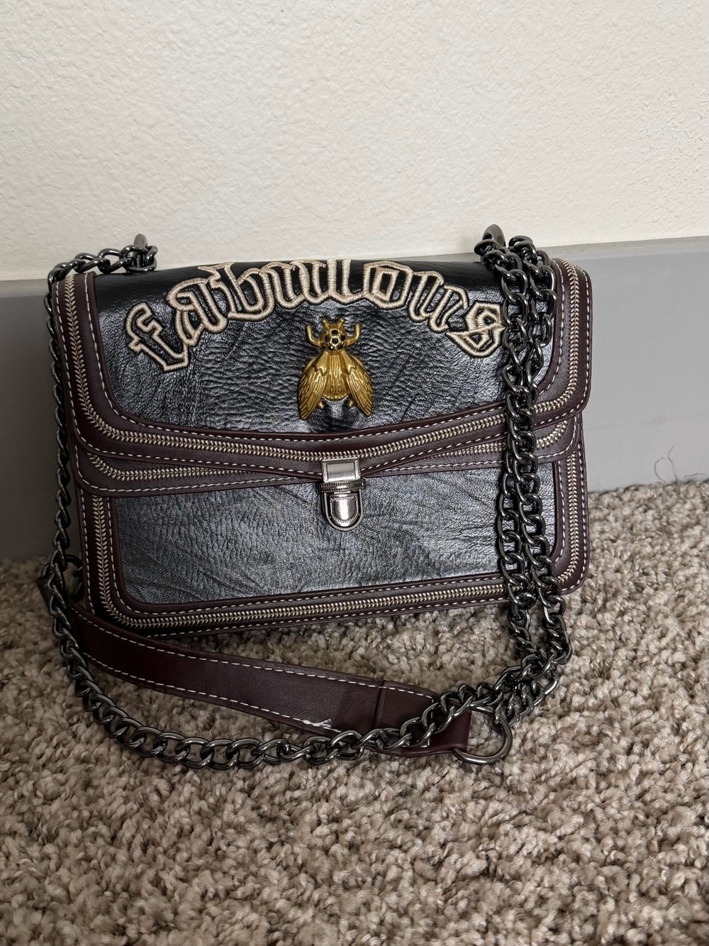 Fabulous Embellished Black & Brown Leather Shoulder Bag
